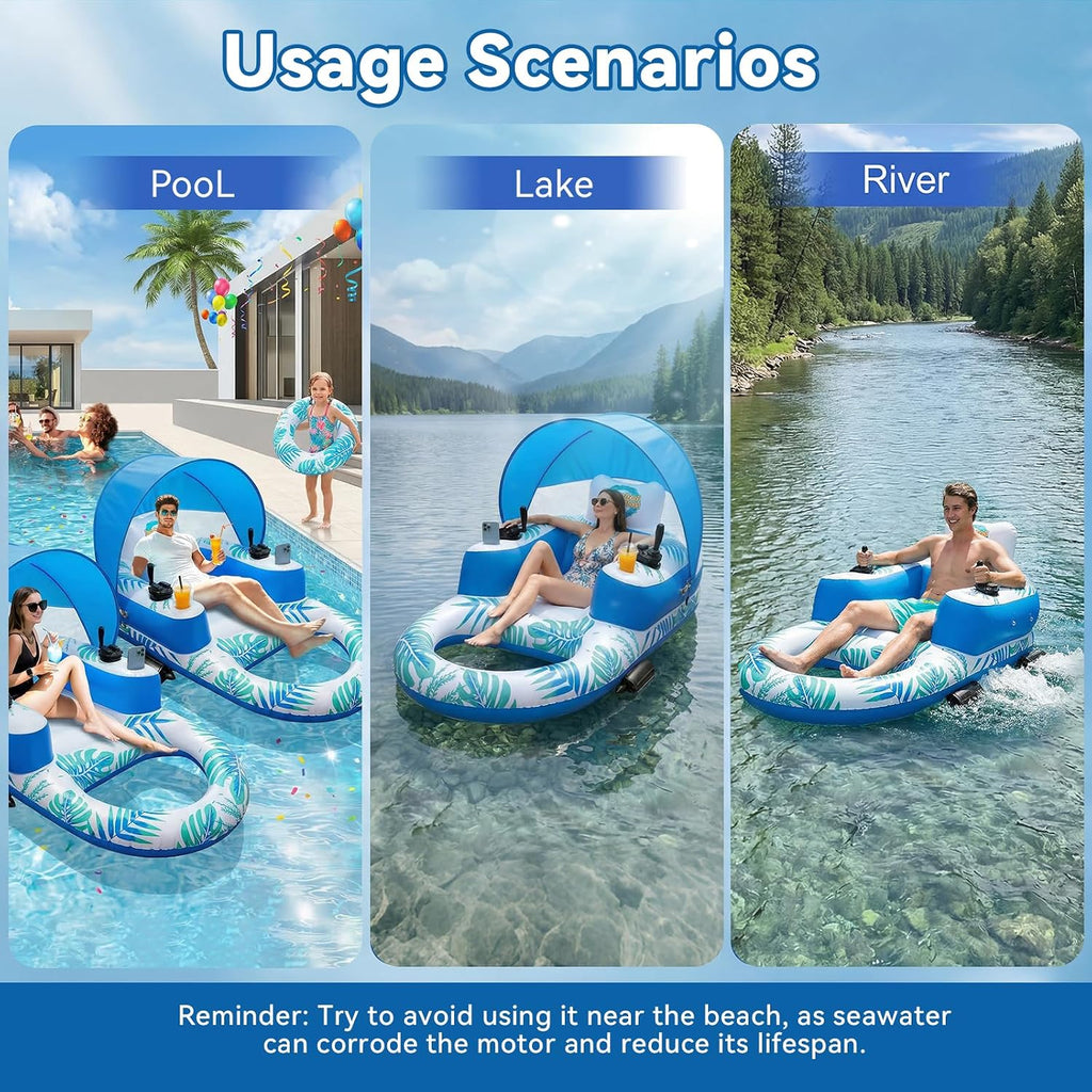 Motorized Pool Float with Canopy, Rechargeable Motorized Floats Lounger for Adults with Dual Motors, Lake Floats Adult Size with Cup Holder for Party