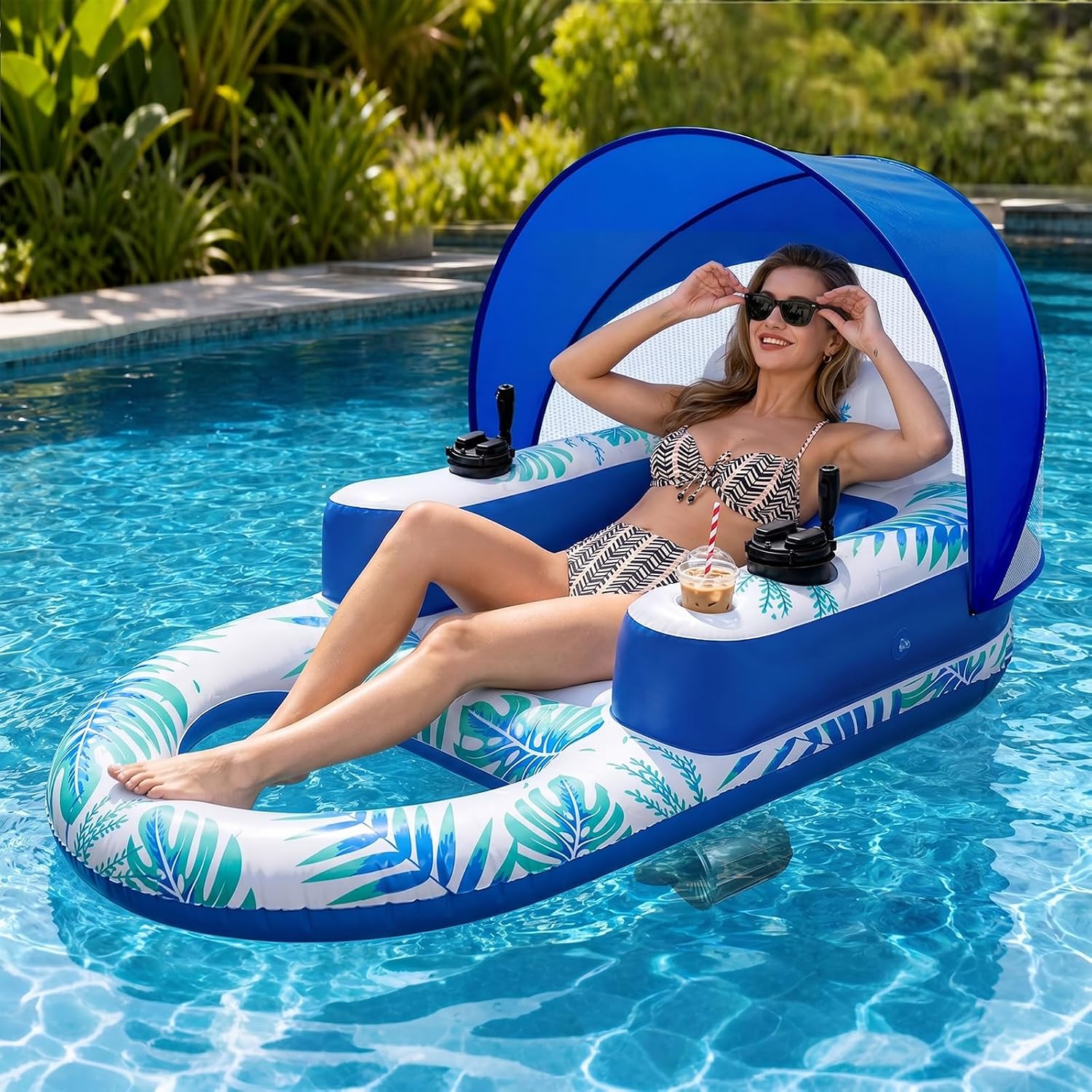 Motorized Pool Float with Canopy, Rechargeable Motorized Floats Lounger for Adults with Dual Motors, Lake Floats Adult Size with Cup Holder for Party